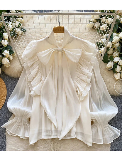 Women Spring Autumn Shirt Fashion French Retro Casual High-end Polka Dot Blouse with Bubble Sleeves Bow Design Top S263