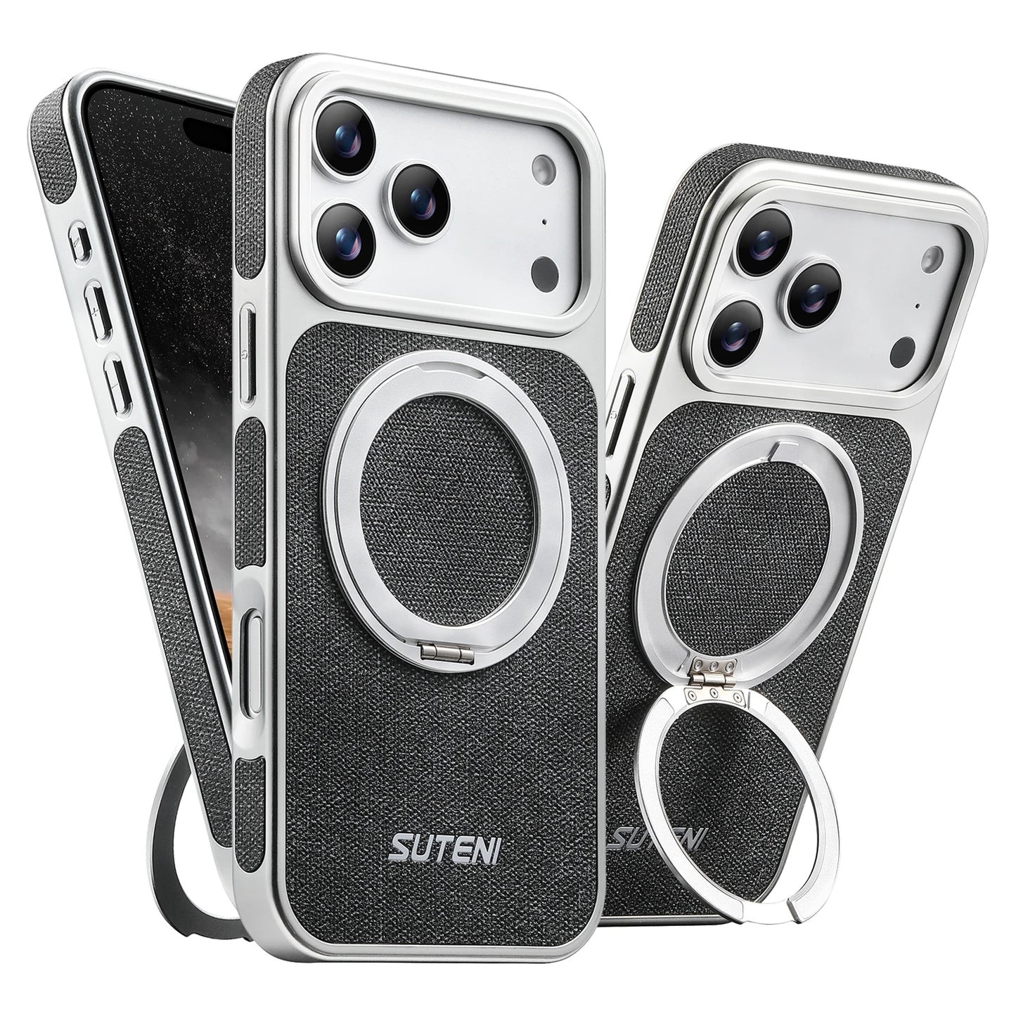 Faux Leather Magnet Wireless Charging Phone Case 360° Rotating Stand Ring Buckle Frosted Feel For iPhone 17 Pro Max 16 15