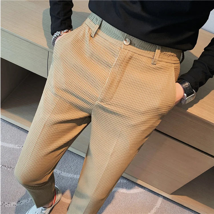 2024 Autumn New Waffle Stretch Waist Business Formal Pants Men Fashion Wedding Slim Trouser Mens Brand Social Party Suit Pants