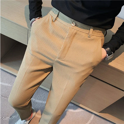 2024 Autumn New Waffle Stretch Waist Business Formal Pants Men Fashion Wedding Slim Trouser Mens Brand Social Party Suit Pants