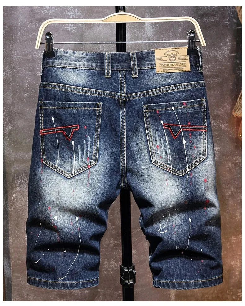 Vintage Short Jeans Men 2024 Summer New Ripped Hip Hop Graffiti Male Denim Shorts Streetwear Hole Knee Length Pants