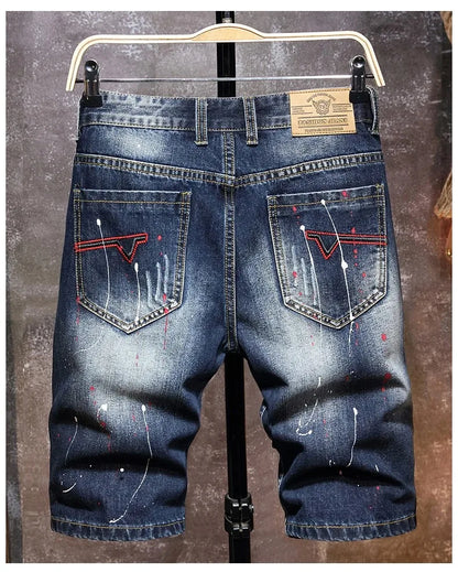 Vintage Short Jeans Men 2024 Summer New Ripped Hip Hop Graffiti Male Denim Shorts Streetwear Hole Knee Length Pants
