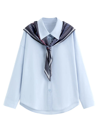 Vintage Print Long Sleeve Blouse for Women with Silk Scarf Collar Turned-Up Collar Commute Casual 2026 New Arrival Shirts