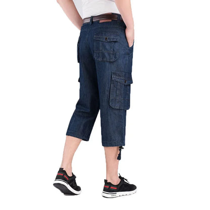Jeans Shorts Men's Summer Breeches 2024 Multi Side Pocket Casual Bermuda Male Straight Long Blue Denim Loose Cargo Shorts Men