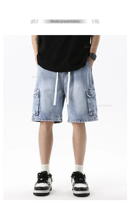 Summer Retro Fashion Denim Shorts for Men Loose Straight Leg Multi-pocket Short Jeans With Elastic Waist and Drawstring Male