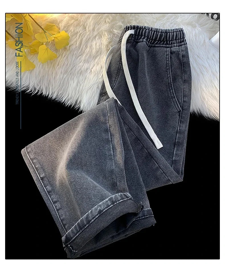Casual Jeans Men's Baggy Straight Elastic Waist Drawstring Korea Fashion Male Vintage Denim Trousers Streetwear 3XL