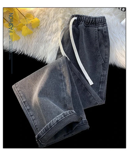 Casual Jeans Men's Baggy Straight Elastic Waist Drawstring Korea Fashion Male Vintage Denim Trousers Streetwear 3XL