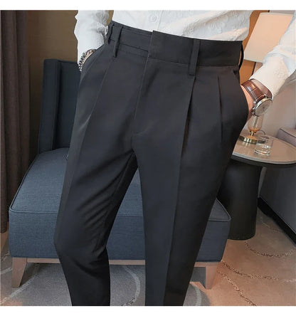 Autumn Winter High Quality Solid Casual Pants Men Belt Design Slim Fit Trousers Formal Office Business Social Party Suit Pants