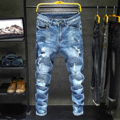 Men Stretch Slim Ripped Jeans Hip Hop Streetwear Korean Vintage Distressed Little Feet Pants Personality Male Trousers