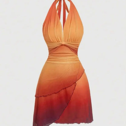 Gradient Bow Tie Strap Asymmetrical Backless Spaghetti Strap Dress