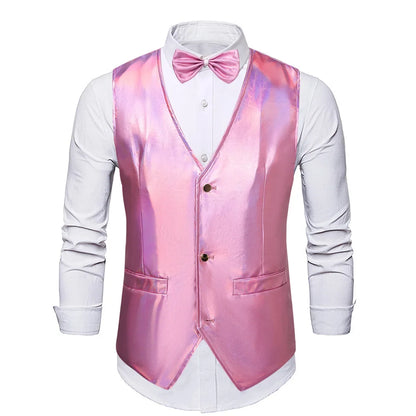 2025 New Gold, Silver, Pink, Purple Disco Glitter Vest for Men, Six Color Bright Men's Waistcoat with Bow Tie, Eur Size S-2XL