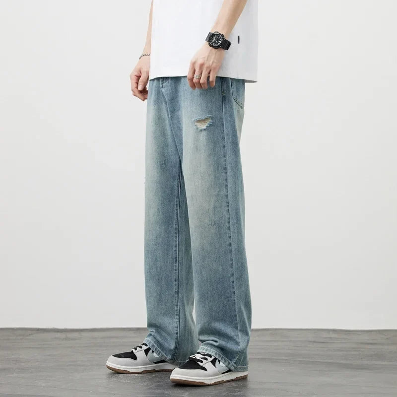 Korea Baggy Jeans Men's Vintage Straight Ripped Y2k Pants Fashion Frayed High Street Distressed Denim Trousers Male Clothes