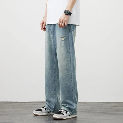 Korea Baggy Jeans Men's Vintage Straight Ripped Y2k Pants Fashion Frayed High Street Distressed Denim Trousers Male Clothes