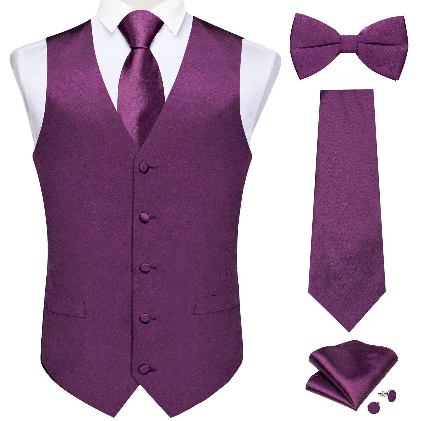 Black Satin Solid Suit Vest with Tie and Pre-tied Bow Tie Set Purple Blue Sage Green Wedding Party Men's Waistcoat DiBanGu