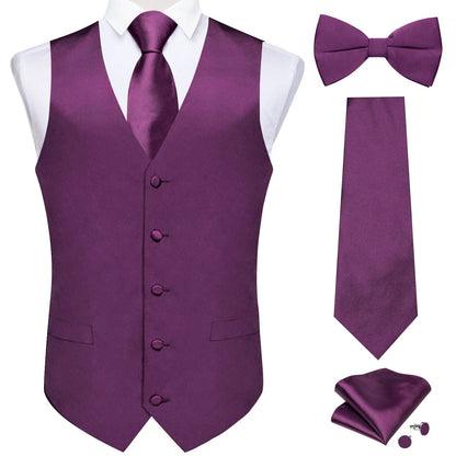 Black Satin Solid Suit Vest with Tie and Pre-tied Bow Tie Set Purple Blue Sage Green Wedding Party Men's Waistcoat DiBanGu