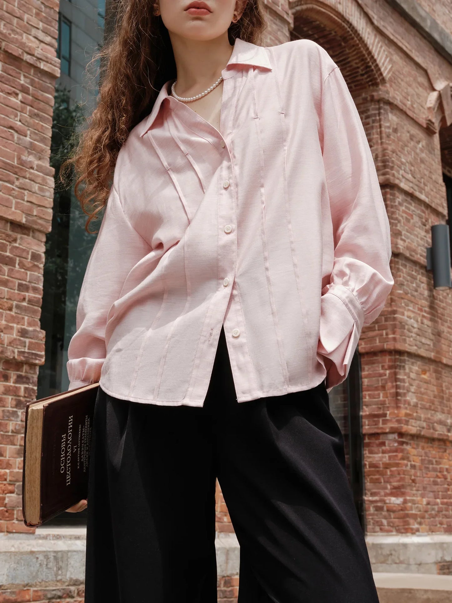Women Long Sleeve Blouses V-Neck Women Pink Autumn Tops Striped Design Drop Shoulder Shirt Office Lady Blouse 24FS13299