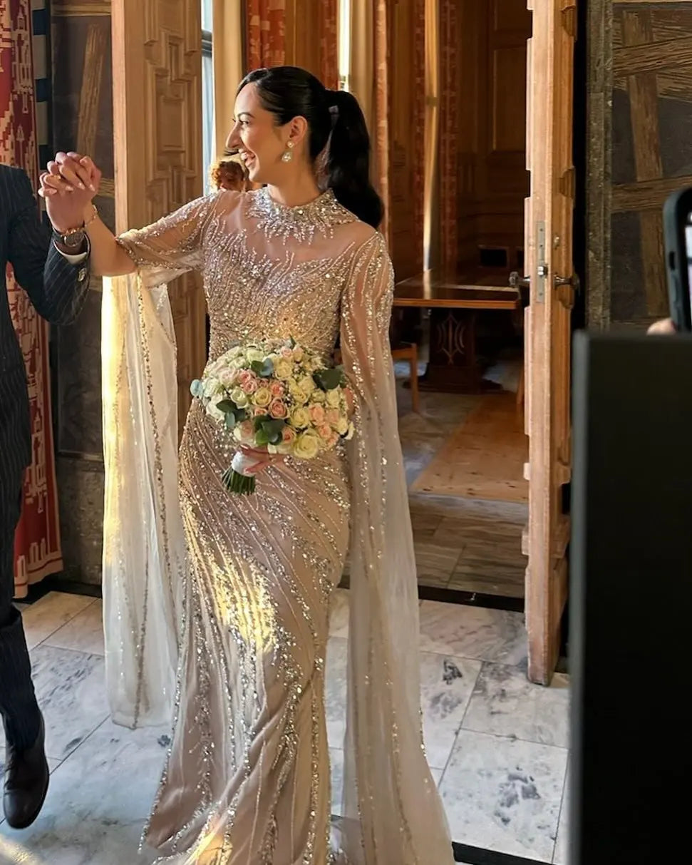 Luxury Beaded Evening Dress Cape Sleeve Dubai Sheer Neck Mermaid Formal Prom Wedding Party Gown Customized 2026