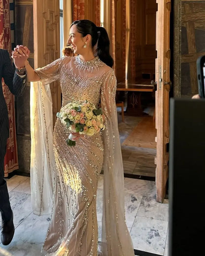Luxury Beaded Evening Dress Cape Sleeve Dubai Sheer Neck Mermaid Formal Prom Wedding Party Gown Customized 2026