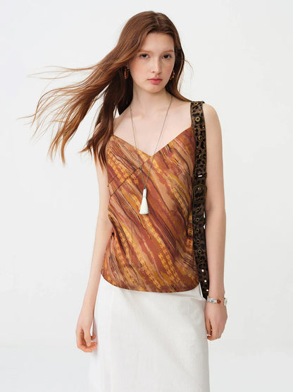 2026 Summer Women's Vacation Ready Satin V-Neck Camisole Stone Bead Accent - Elegant Retro Fitted Top for Beach Holidays
