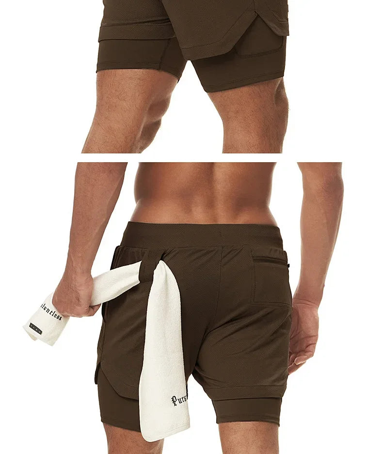 Men's 2 in 1 Double-deck Gym Shorts Quick Dry Summer Running Workout Shorts Zipper Pockets Slim Fit Fitness Training Short Pants
