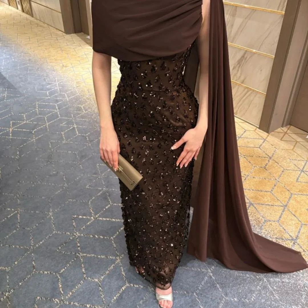 Customized Chocolate Brown One Shoulder Prom Dress Sequin Beaded Draped Cape robes de soirée Luxury Party Dresses 2025