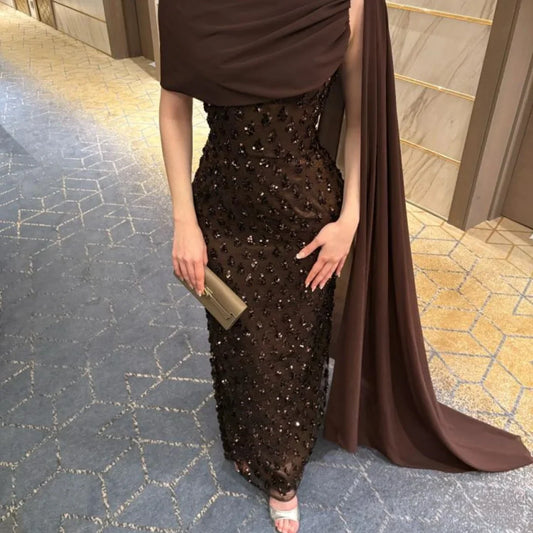 Customized Chocolate Brown One Shoulder Prom Dress Sequin Beaded Draped Cape robes de soirée Luxury Party Dresses 2025