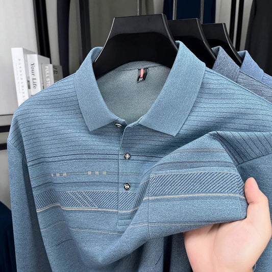 High quality striped printed long sleeve polo shirt men's fashion light luxury pocket autumn new business casual lapel T-shirt