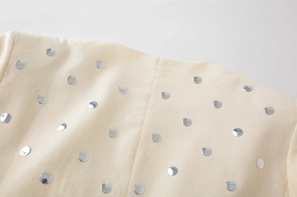 Women's Rivet Decoration Casual Blazer Long Sleeve V Neck Beige Spring Fall Coat