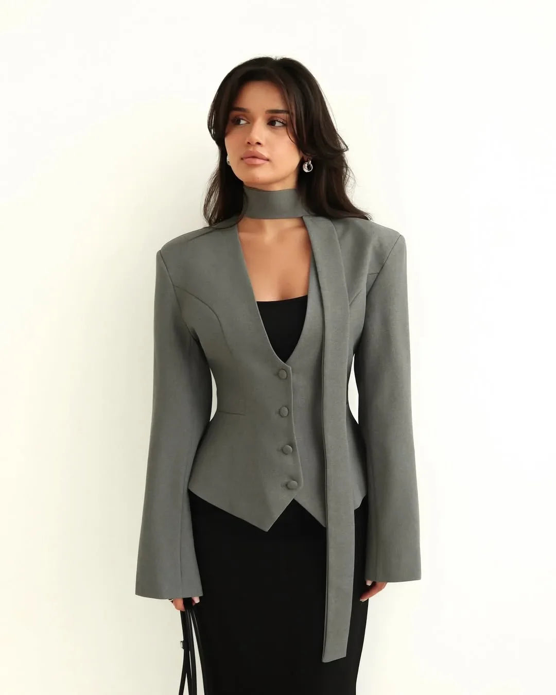 Single Breasted Coat Women's V Neck Scarf With Long Sleeve Waist-Cinching Blazer Jacket Lady Casual Slim Commute Coat