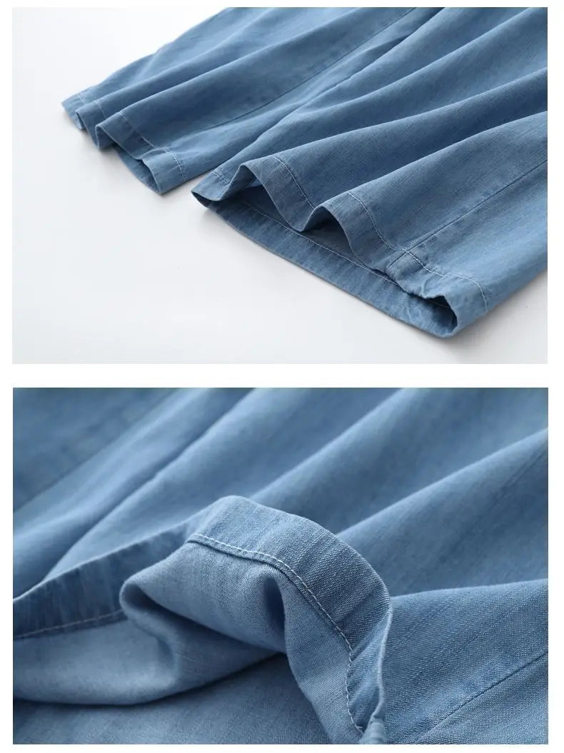Women's Pants Summer Drawstring Wide-leg Pants Cotton Blue Calf-Length Jeans Pants Mom Elastic Waist Straight Pants Women