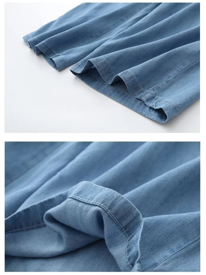 Women's Pants Summer Drawstring Wide-leg Pants Cotton Blue Calf-Length Jeans Pants Mom Elastic Waist Straight Pants Women