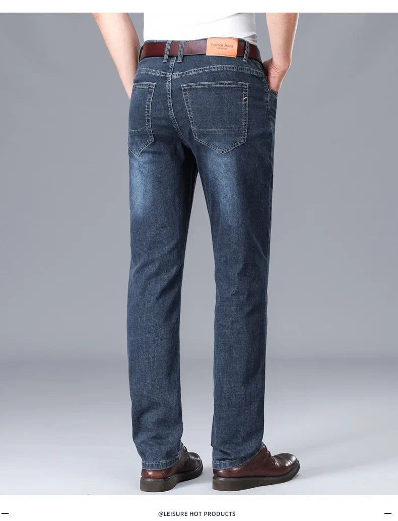 2024 Brand Thin or Thick Material Straight Cotton Stretch Denim Men's  Business Casual High Waist Light Grey Blue Jeans