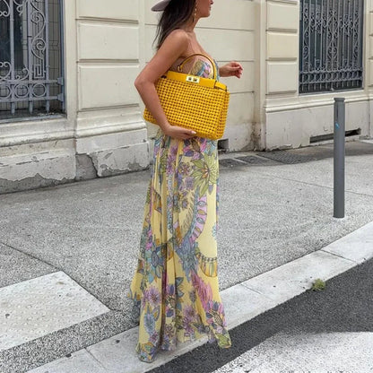 Sexy Floral Print Chiffon Print Loose Dress Women Cami Loose Beach Dress Fashion 2025 Summer Backless Female Dress
