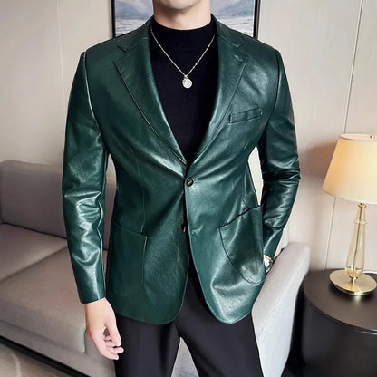 Leather Jacket Men PU Blazer Coats Fashion Business Casual Leather Suit Outwear Male Solid Slim Tur Down Collar Blazers Jackets