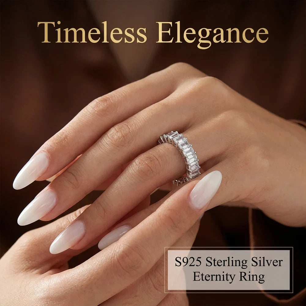 Emerald Cut Moissanite Eternity Ring 925 Sterling Silver Wedding Band D VVS Lab Grow Created Moissanite Rings for Women