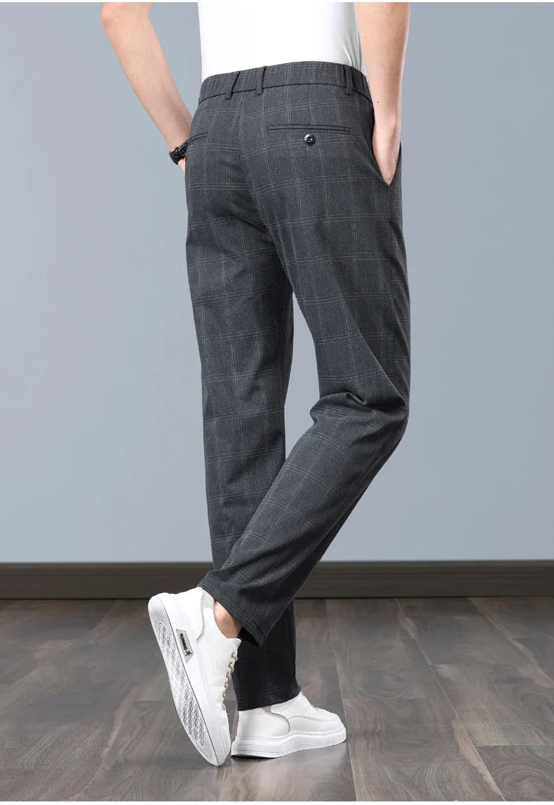 Summer Thin Plaid Formal Stretch Pants Men Slim Business Grey Black Casual Pant Fashion Male Clothing England Trousers