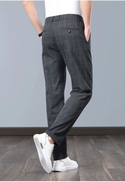 Summer Thin Plaid Formal Stretch Pants Men Slim Business Grey Black Casual Pant Fashion Male Clothing England Trousers