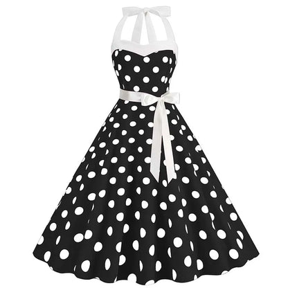 Women Summer Party Dress With Belt Polka Dot Print Halter Hepburn Robe 50s 60s Vintage Dresses