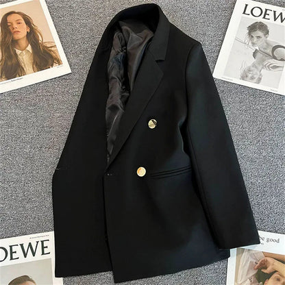 Casual Small Suit Jacket Women Fashion Loose Metal Double-Breasted Blazer Coat Korean Occupation Office Formal Lapel Blazers