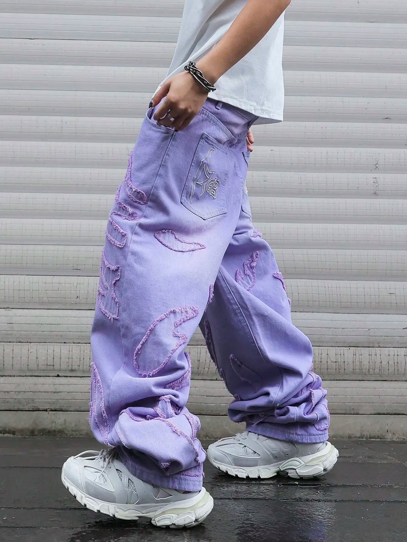 High-Street Style Purple Distressed Frayed Jeans for Men, Loose, Trendy Street Hip-Hop Wide-Leg Pants
