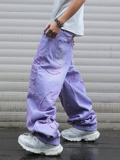 High-Street Style Purple Distressed Frayed Jeans for Men, Loose, Trendy Street Hip-Hop Wide-Leg Pants