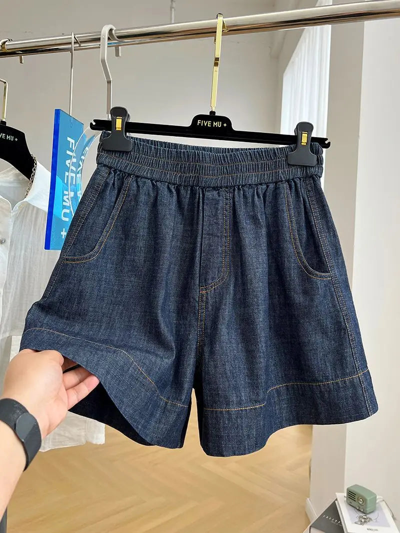 European-style high-end elastic waist casual denim shorts for women, summer thin loose high-waist A-line wide-leg hot pants