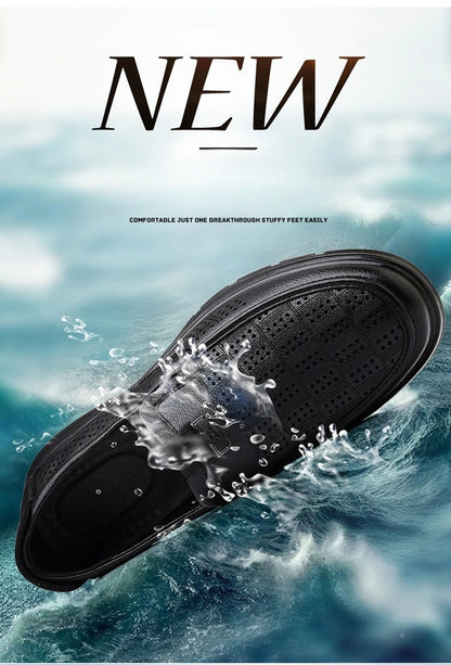 Men's Summer Breathable Leather Loafers Brown Hollow Out Slip-On Shoes Male Thick Sole Comfortable Non-slip Work Shoes for Man