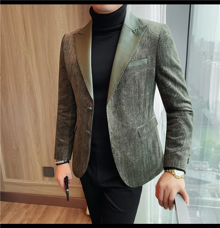 2025 Fashion Leather Neck Spliced Suit Jacket Luxury Men's Business Slim Fit Social Formal Blazers Coats Wedding Groom Tuxedos