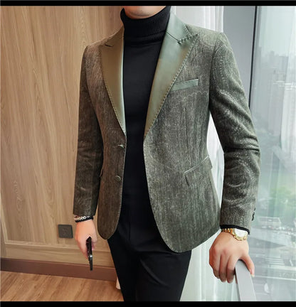 2025 Fashion Leather Neck Spliced Suit Jacket Luxury Men's Business Slim Fit Social Formal Blazers Coats Wedding Groom Tuxedos