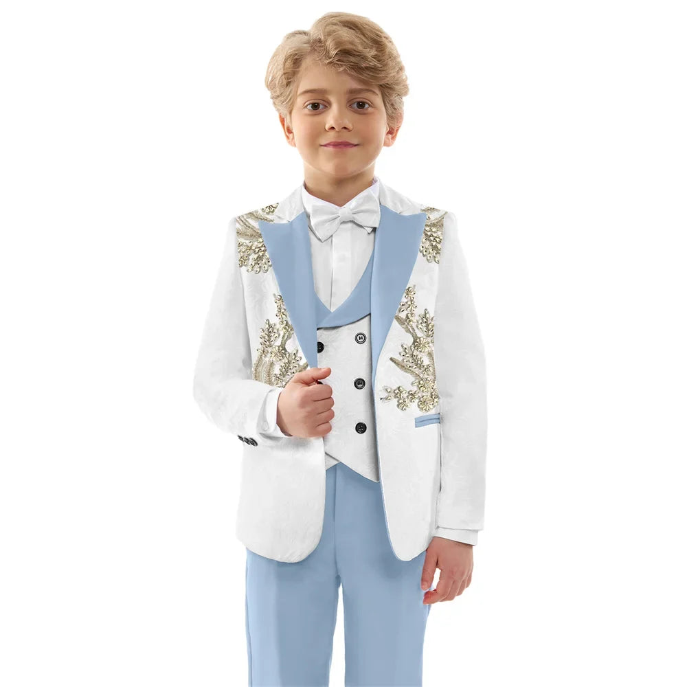 Hot Sale Boys Jacquard Suits 4 Pieces Wedding Ring Bearer Outfit Exquisite Slim Fit Suit Set For Kids School Performance Wear