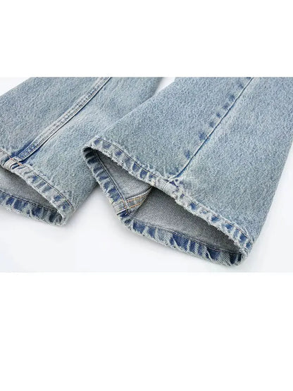 2024 Women's Street Fashion Denim Blue Jeans Distressed Patchwork High Waist Zipper Fly Ripped Retro Long Pants