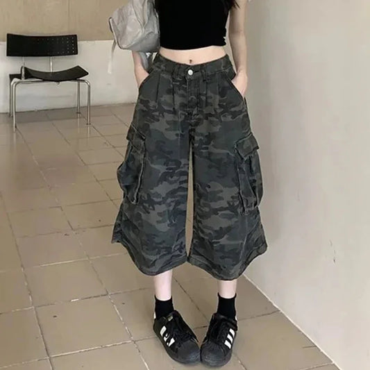 Lady Retro Fashion Baggy Capri Jeans Female High Waist Thin Denim Pants Girls Fashion Camouflage Straight Leg Trousers
