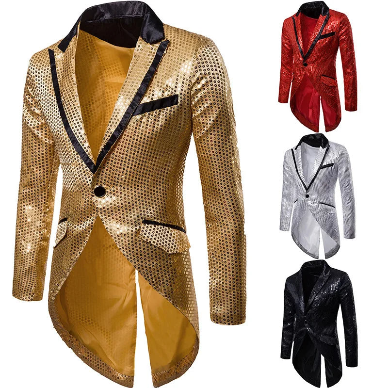 2026 Men's Gold V-Neck Long Sleeve Tuxedo, TV Performance Magic Long Jacket Shiny Sequin Decoration Red Blue Black Blazer S-XXL