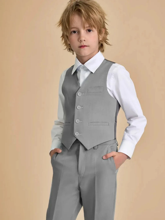 Stylish Grey Kids Formal Suit Set 3 Pieces Wedding Ring Bearer Outfit Elegant Notched Lapel Boys Suits Birthday Party Tuxedo